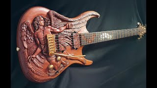 How i carved Icarus on 1 piece mahogany guitar body   ASMR wood carving process