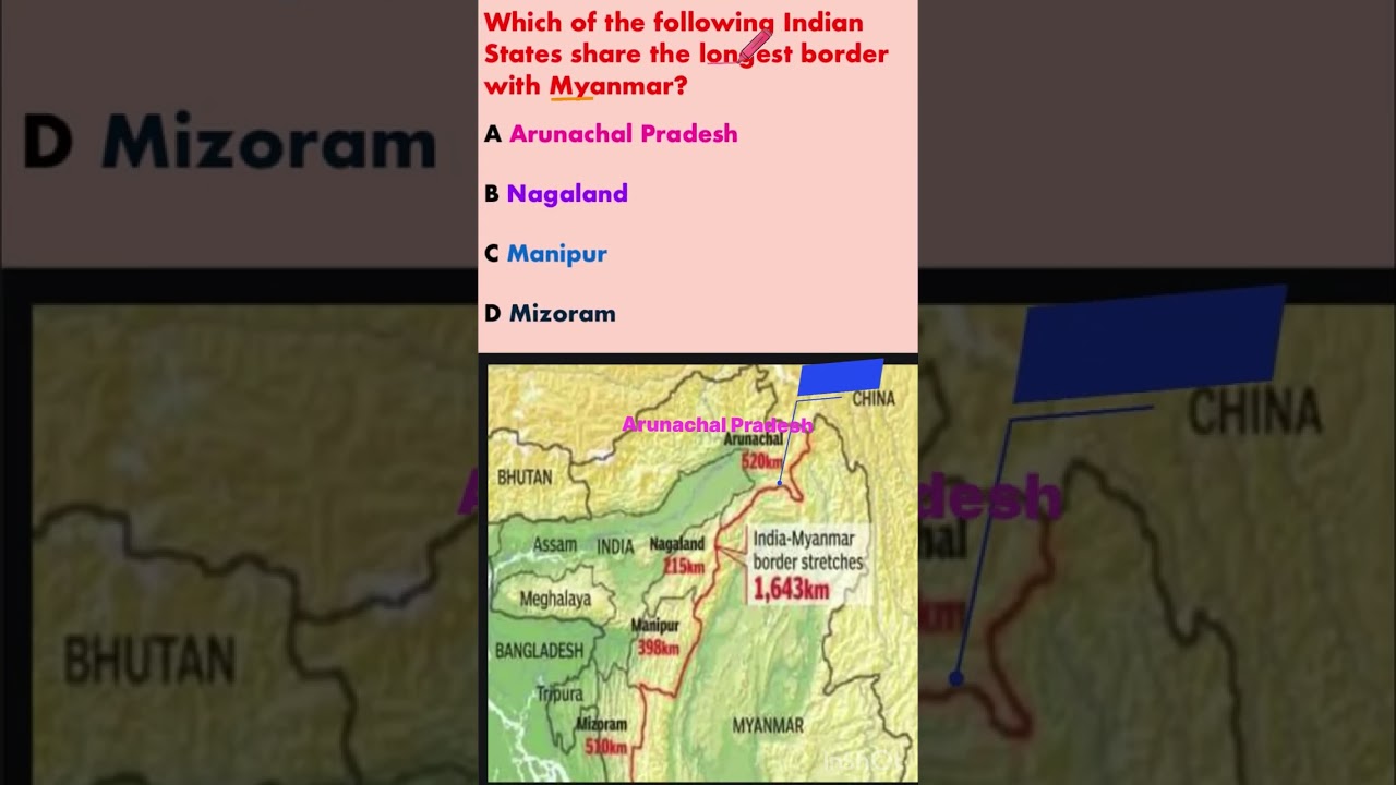 भारतीय राज्य की म्यांमार के साथ अधिकतम सीमा Which indian state share maximum boundary with Myanmar?