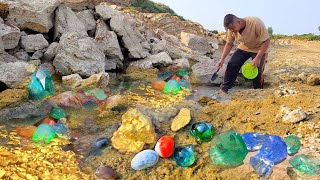 wow amazing day-  A lot of gold nugget & diamond , Crystal Gems stone under water at mountain Gold