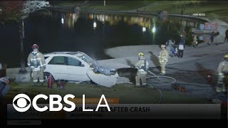 Car crashes in MacArthur Park and catches fire