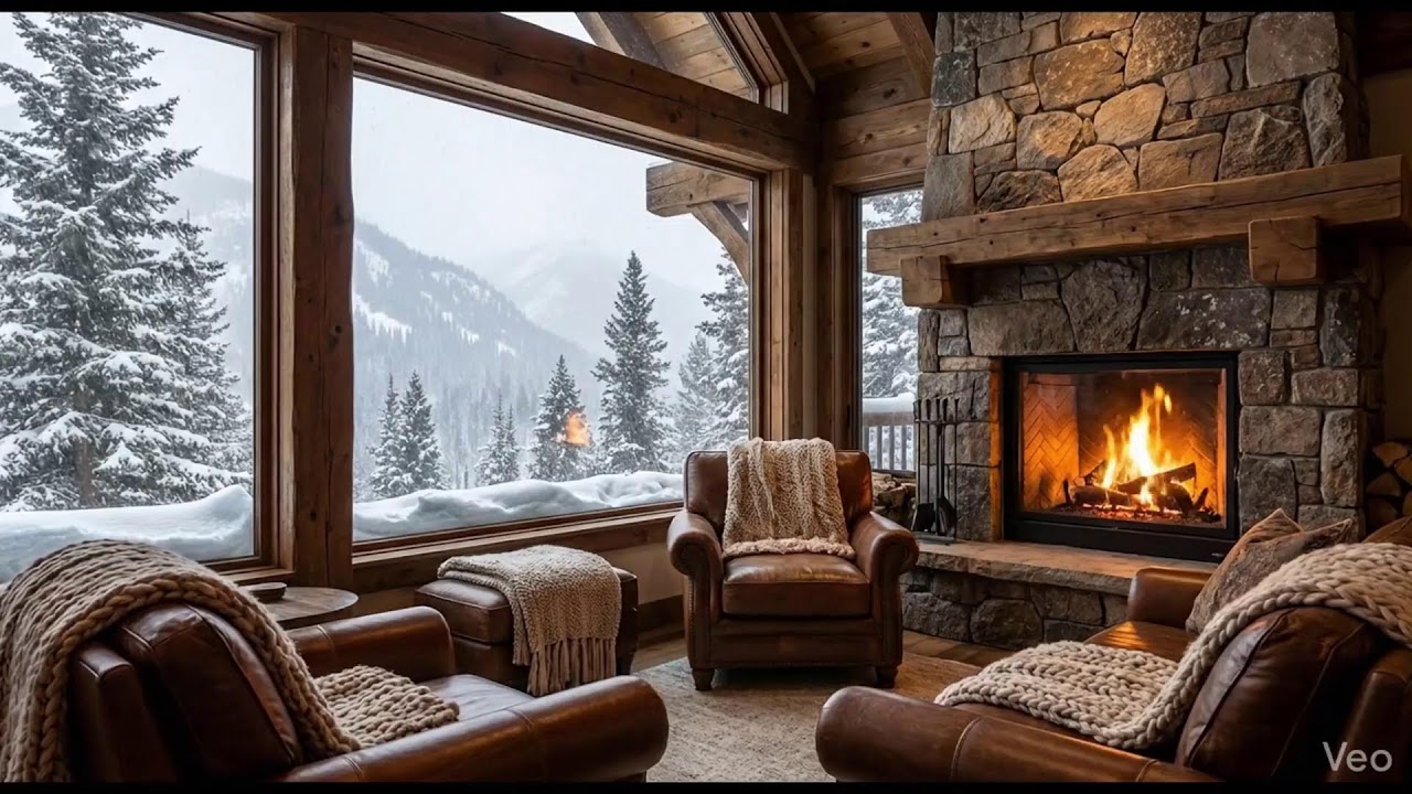 Cozy Snowy Cabin Ambience & Crackling Fireplace 🔥 Lüks Dağ Evi ve Kar Yağışı (Live)