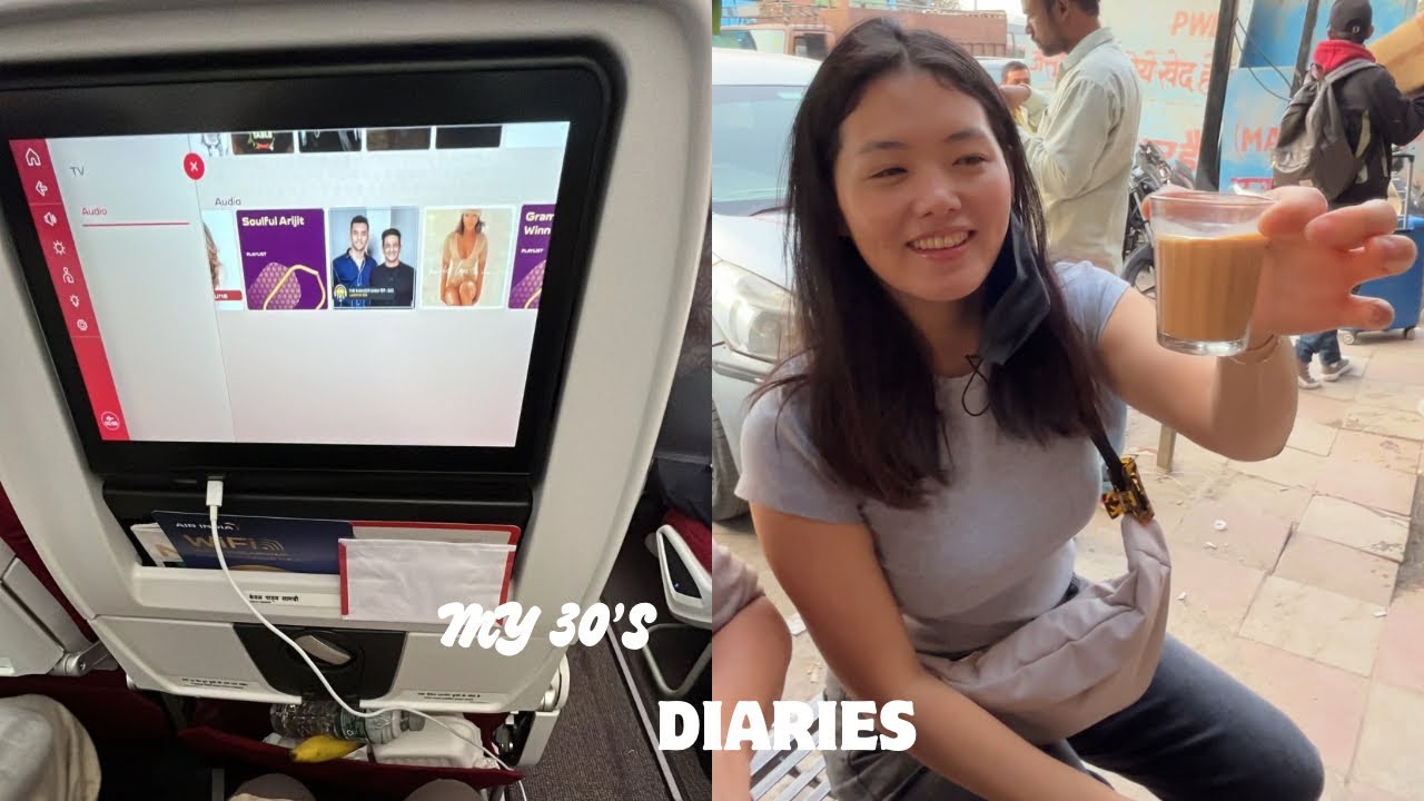 Flying on the new Airindia plane from NY to Delhi, first chai sip, eating in majnu-ka-tilla