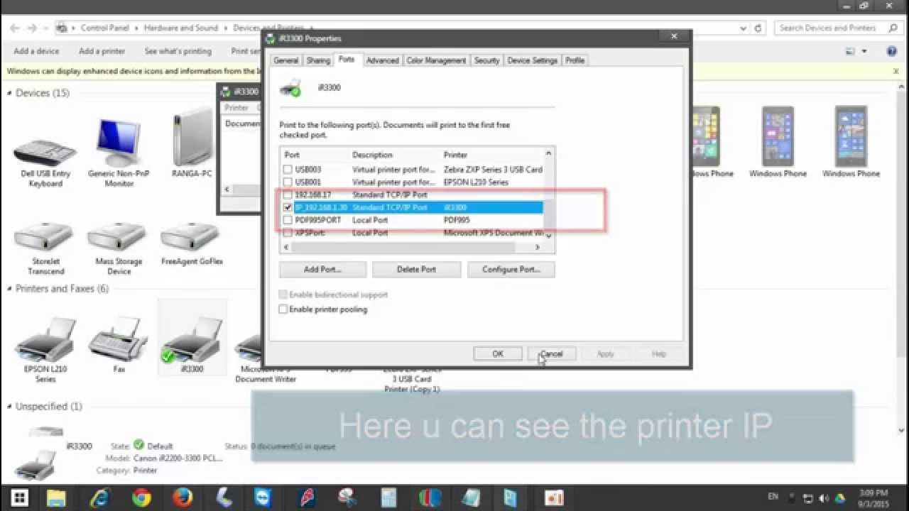 how to set printer ip address in windows 10