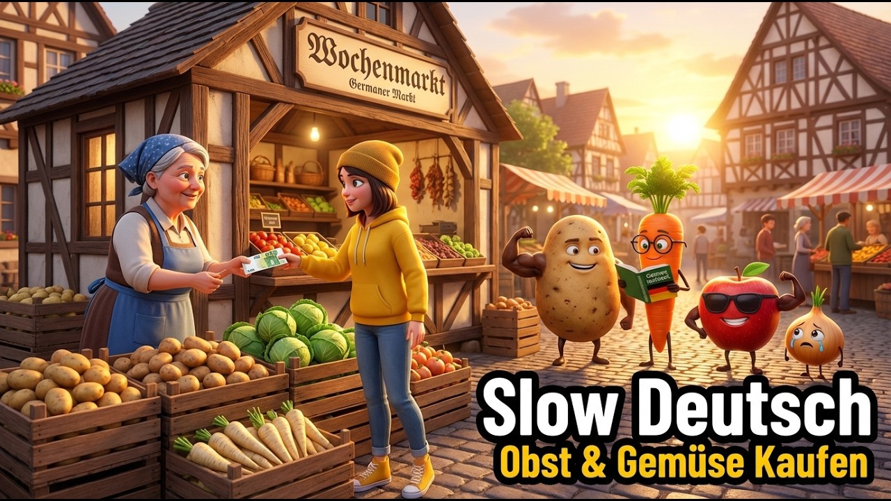 Obst & Gemüse | Der sprechende Obstwagen! |  Einfache Deutsch Lernen durch Geschichten (A2-B1)