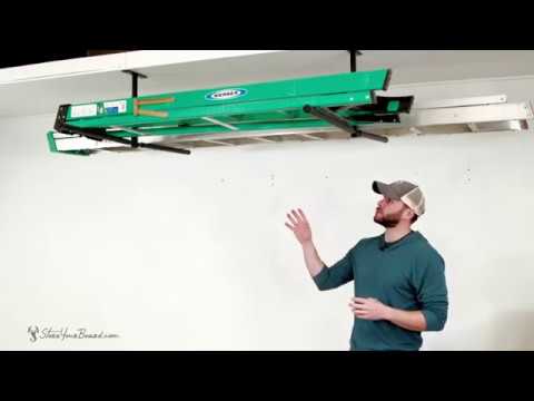 Adjustable Ladder Ceiling Storage Rack, Garage Ladder Storage Hooks