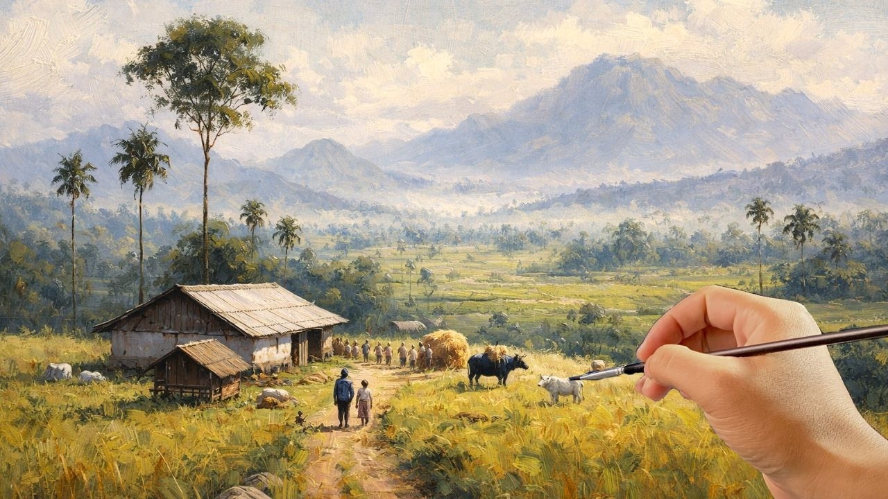 🎨 Painting a Peaceful Golden Rice Field Village | Relaxing Acrylic Landscape Tutorial | #064