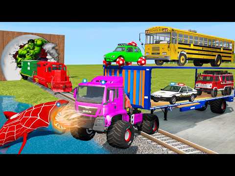 Triple Flatbed Trailer McQueen Transportation with Truck - Speedbumps vs Cars vs Train - BeamNGDrive