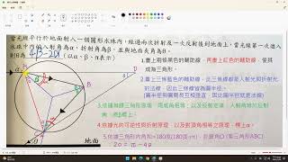 高三|幾何光學|當光線平行於地面射入一個圓形水珠內，經過兩次折射及一次反射後到地面上，當光線第一次進入水珠內的入射角為α，折射角為β，並與地面夾角為θ。則θ為_________(以α、β、π表示)