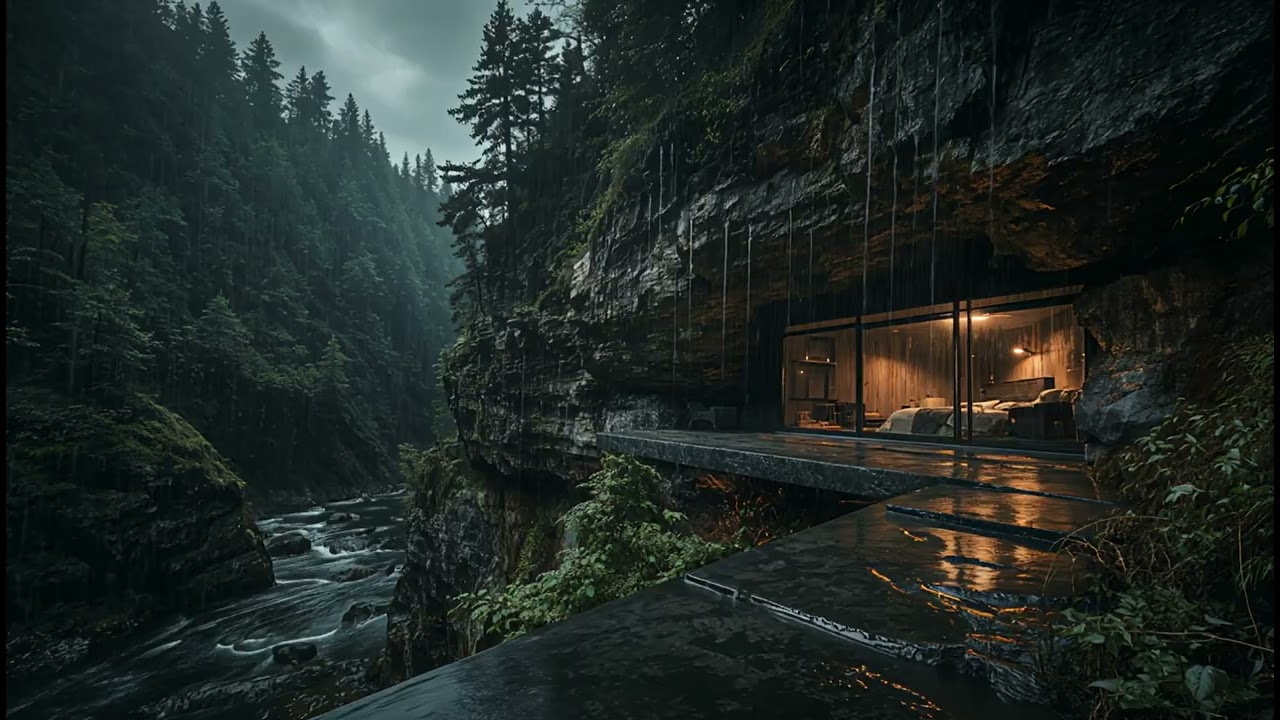Rain & River Sounds for Deep Sleep – Cliffside Mountain Night Ambience | No Thunder