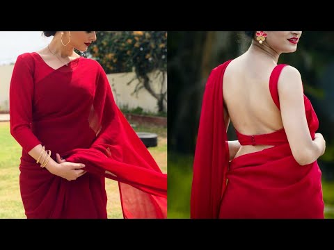 red plain saree with designer blouse