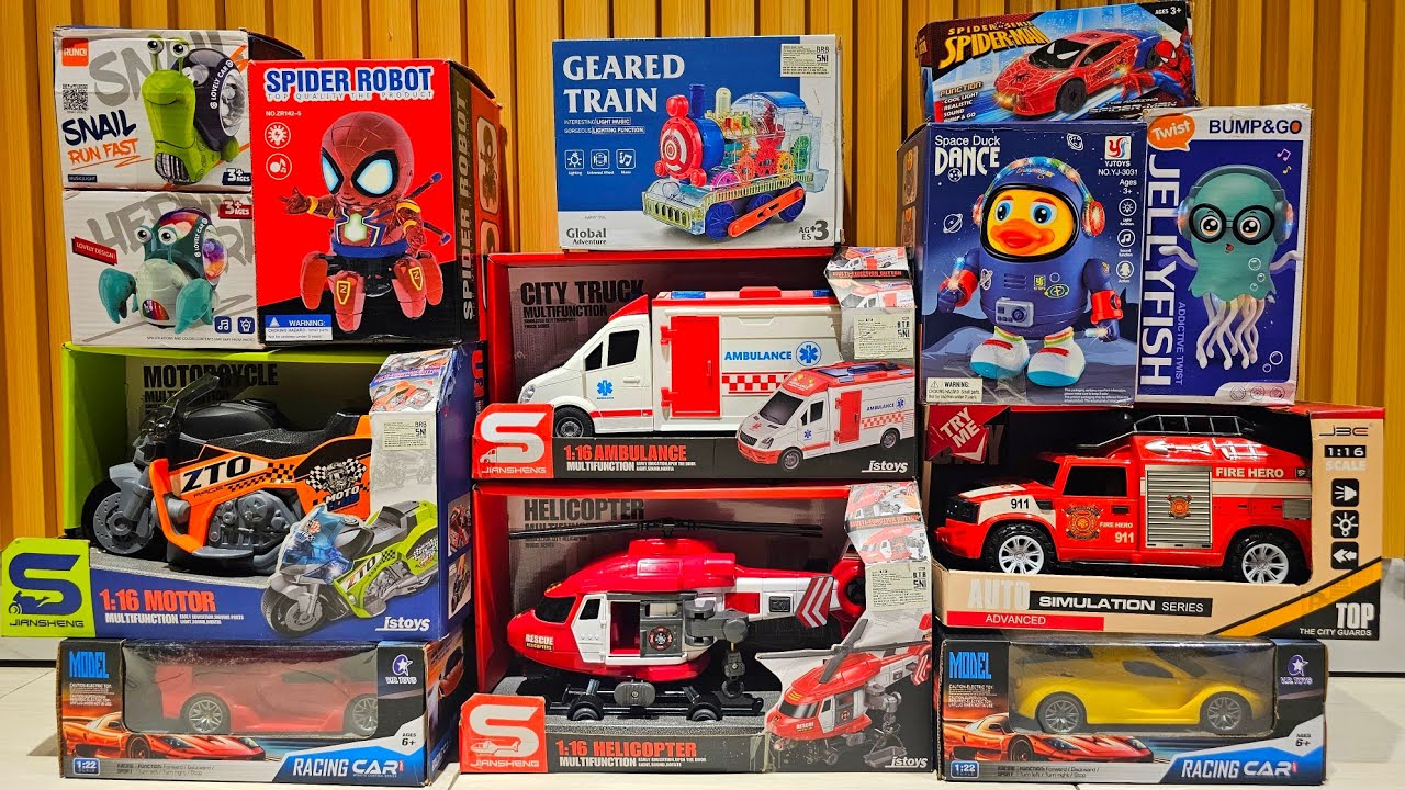 Unboxing Kereta Api, Mobil Polisi, Mobil Ambulans, Truk Pemadam, Bus, mobil oleng
