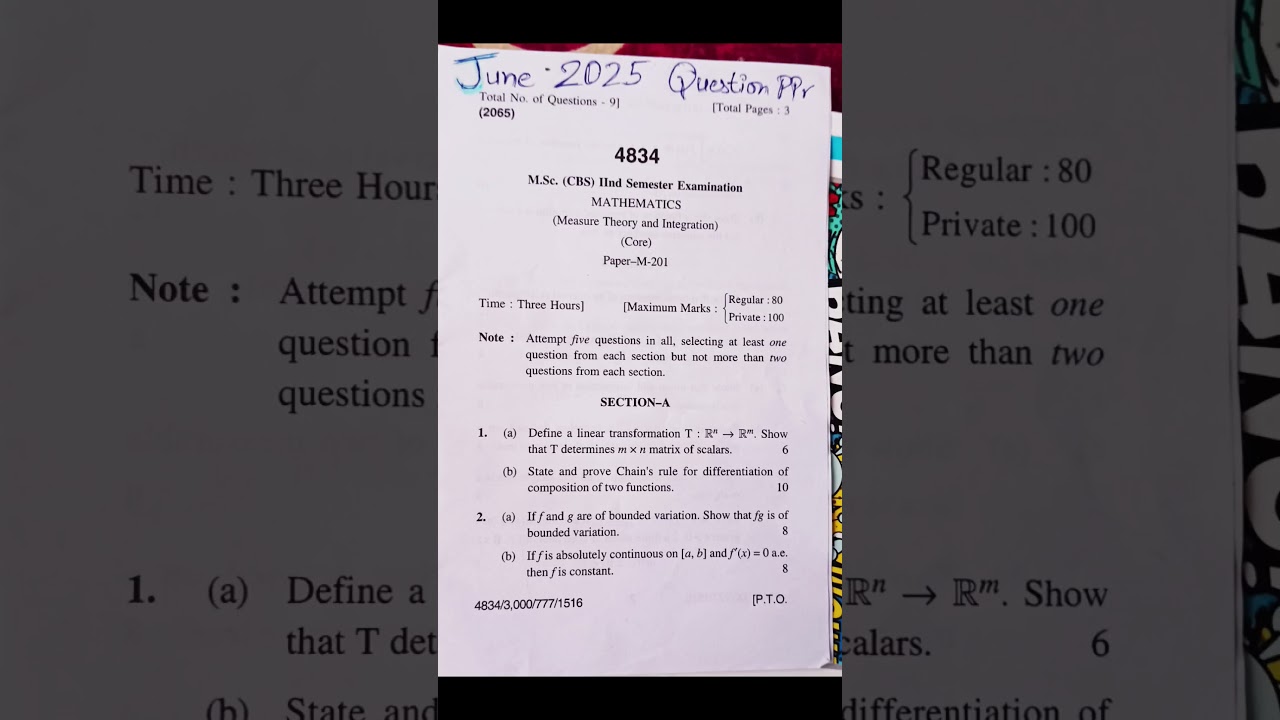 measure theory and integration question paper msc mathematics (2nd sem) june 2025 