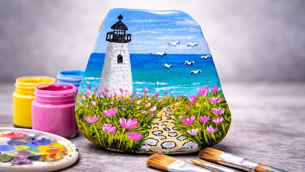 Я нарисовал маяк на камне, и вот результат 🌊🎨 | Каменное искусство