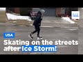Skating on icy streets after winter storm like on an Ice Rink in front of their house!
