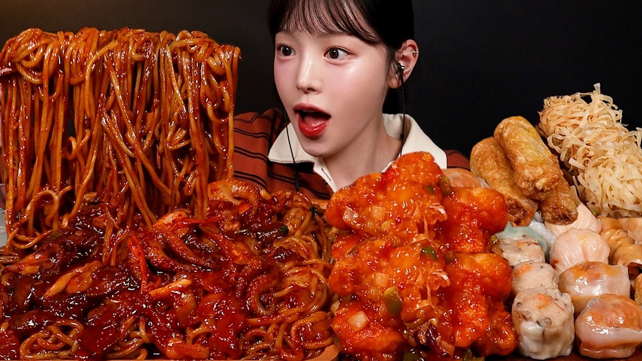 SUB)쭈꾸미 왕창 올린 매운 짜장면에 딤섬 먹방! 칠리새우 깐풍기까지 중식파티 꿀조합 Spicy Jjajangmyeon & Dim Sum Mukbang Asmr