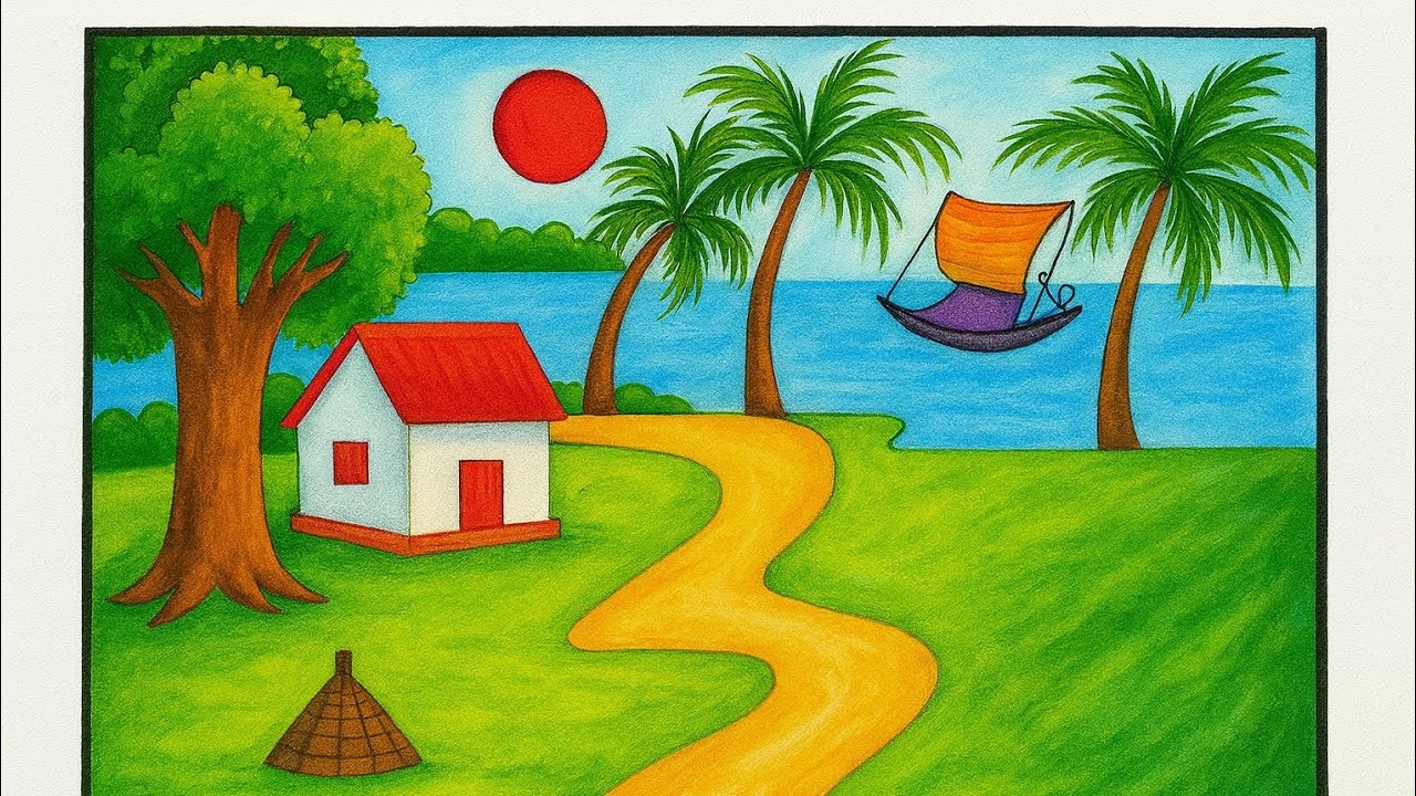 How to draw a easy nature scenery for beginners || গ্রামের দৃশ্য অংকন || Gramer drisso 