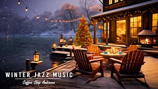 Winter Porch Ambience ❄️ Smooth Jazz Background Music with Snowfall & Fireplace Sounds for Relax