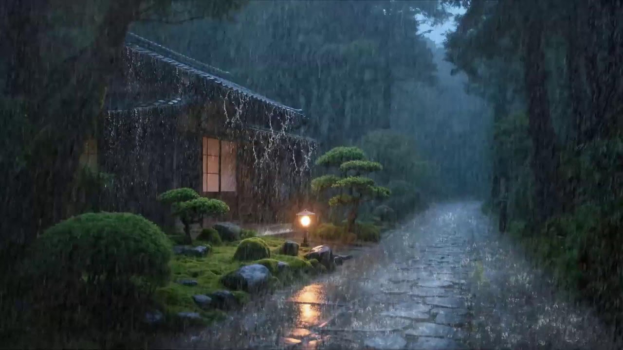 Nuit anxieuse – Son de pluie relaxant – Cour de la maison sous la pluie – Sommeil calme 😌🌧️