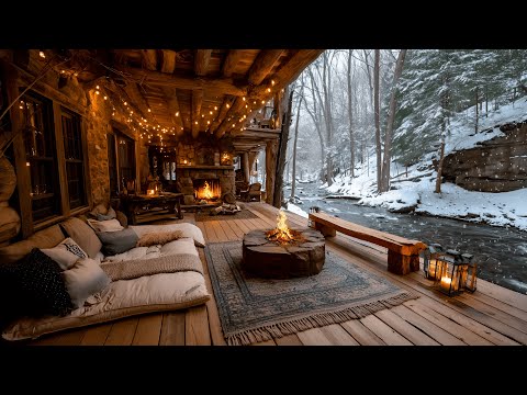 Winter Riverside Porch Ambience Crackling Firepit Snowfall Nature Sounds