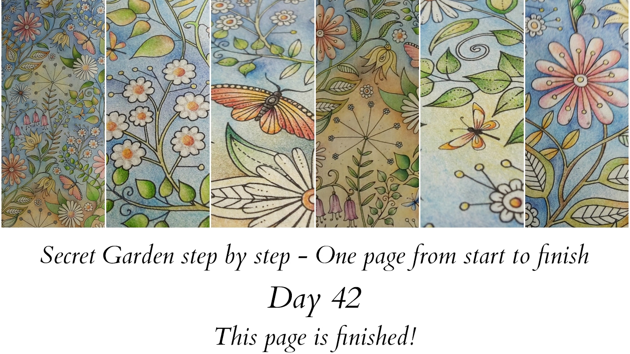 Completed pages in my first ever colouring book, Secret Garden