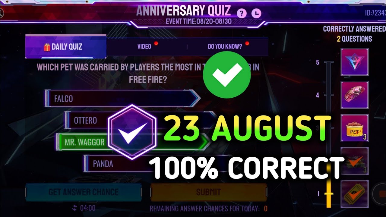 Today Answer freefire| 23 august anniversary quiz answer| annual party answer| aaj ka answer ff