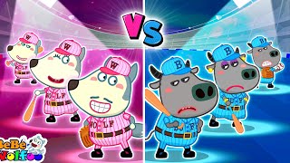 Béisbol rosa vs azul, ¡adivina el equipo ganador! Tiempo de juego divertido para la familia Wolfoo