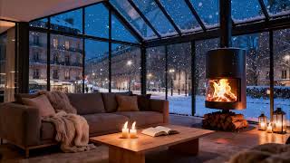 Snowy Avenue at Dusk 🔥 Modern Apartment Firelight and Calm