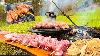 'ForestGrilled Chicken Skewers with Secret Sauce Wrapped in Homemade Dough!'