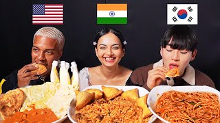 American and Korean Tries INDIAN FOOD For The First Time! SAMOSA,BIRYANI,CURRY,NAAN (ASMR MUKBANG)
