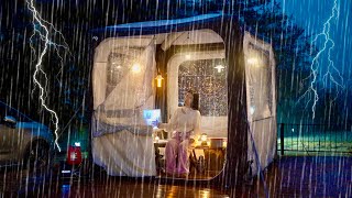 Camping in Heavy RAIIN with Thunderstorms | freaked out alone in CUBE Tent | Koreans love KIMCHI