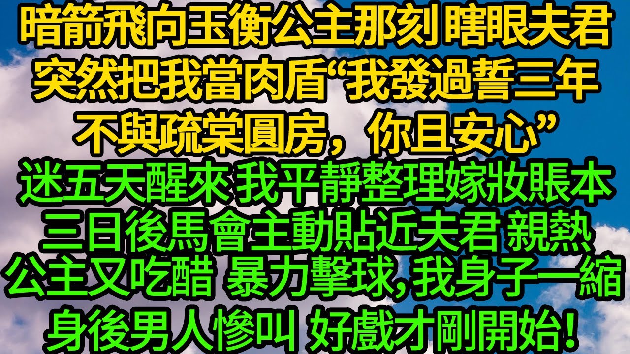 暗箭飛向玉衡公主那刻 瞎眼夫君決然把我當肉盾“我發過誓三年不與疏棠圓房，你且安心”昏迷五天醒來 我平靜整理嫁妝賬本，三日後馬會主動貼近夫君 公主又吃醋 暴力擊球，我身子一縮 身後男人慘叫