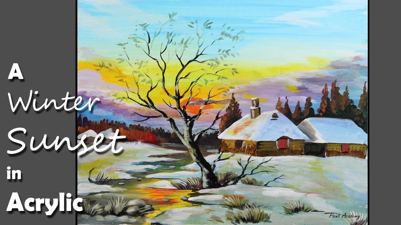 Acrylic Painting  A Winter Sunset on Paper step by step 