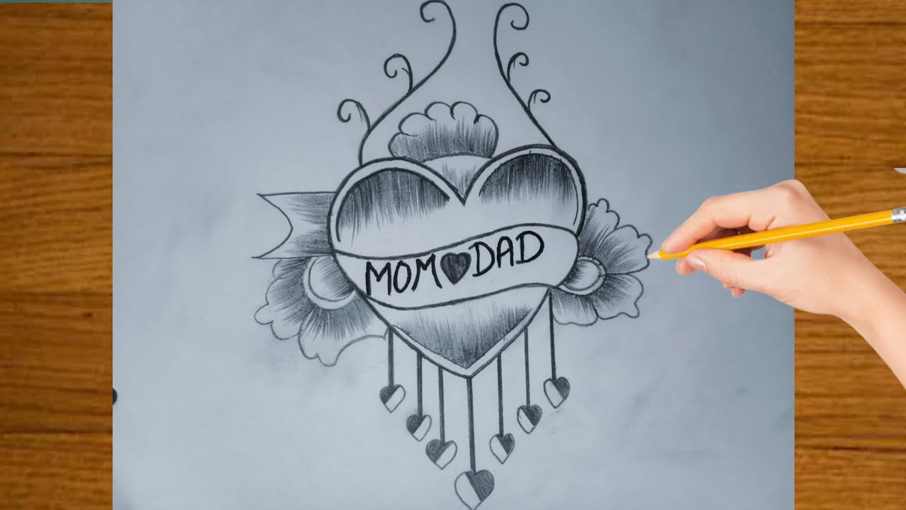 MOM & DAD Heart very beautiful with flowers design pencil sketch || mom ...