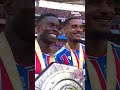 Marc Guehi and Maxence Lacroix lift the Community Shield together at Crystal Palace #CommunityShield