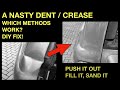 How to repair a bad car dent or crease. DIY. Pull. Push. Fill. Sand. Spray it!