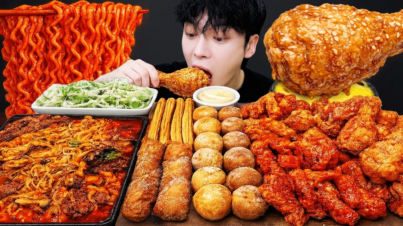 Лапша булдак сыр чеддер с хрустящая медовая курица мукбанг ASMR