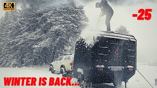EVERYTHING IS FROZEN  THE COOLEST SNOW CAMP  CARAVAN CAMP WITH LAST SNOW STORM #snowcamping