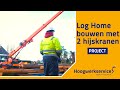 Twee compact kranen hijsen boomstammen voor log home in giessenburg