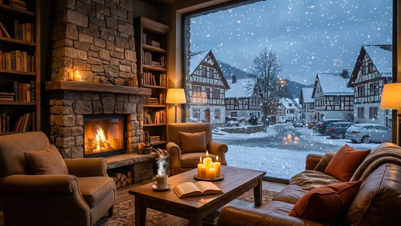 Snowy Winter Coffee Shop Jazz ❄️ Relaxing Piano & Cozy Fireplace Sounds for Study & Work
