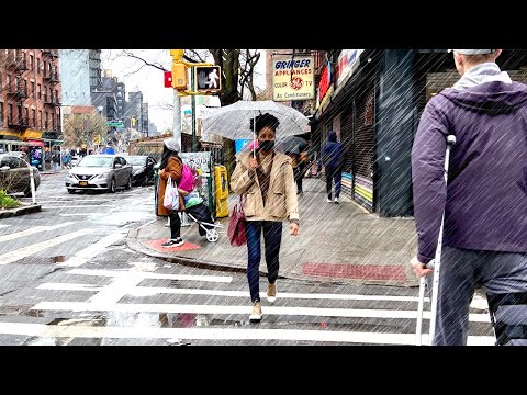 4K Walking Tour in Snow and Rain in Chinatown New York City Along Mott Street