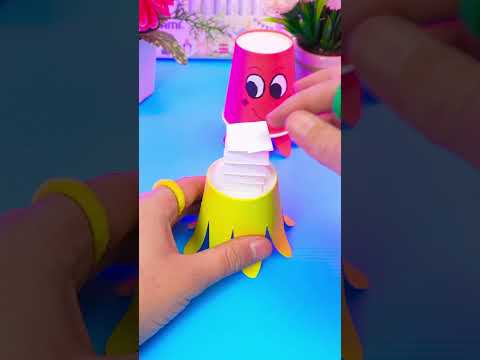 Jumping Octopus! 🐙✨ Reverse Cup Craft Magic #fun #DIYkids