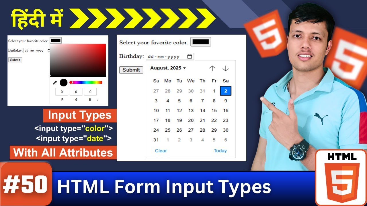Ep. 50 || HTML Input Type Color and Date Explained with Examples - YouTube