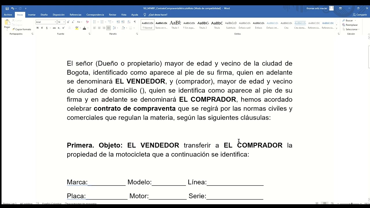 Contrato de compraventa de Vehículo Automotor Carro o Moto en Colombia