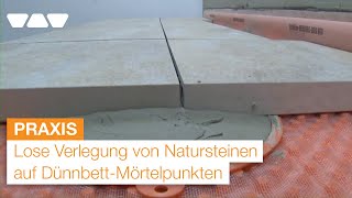 Balkonaufbau: Lose Verlegung von Natursteinen auf Dünnbett-Mörtelpunkten mit Schlüter-TROBA-PLUS 8G