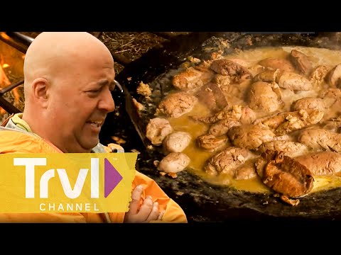 Fresh Bull Testicles & Scrotum Soup | Bizarre Foods with Andrew Zimmern | Travel Channel