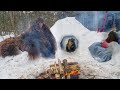 Building & Sleeping in a Quinzee / Igloo Shelter Winter Bushcraft Camp with our Dog ASMR