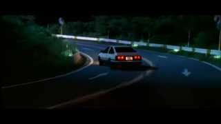 Anime image of initial d , takumi fujiwara is the pilot , toyota ae86 is  the car while drift a curve and tokyo is the background in the night