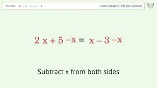 Solve 3x+5-x=x-3: Linear Equation Video Solution | Tiger Algebra