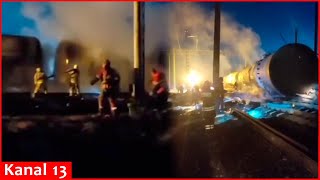 In Russia, wagons full of fuel derailed and overturned on the railway - a huge fire broke out