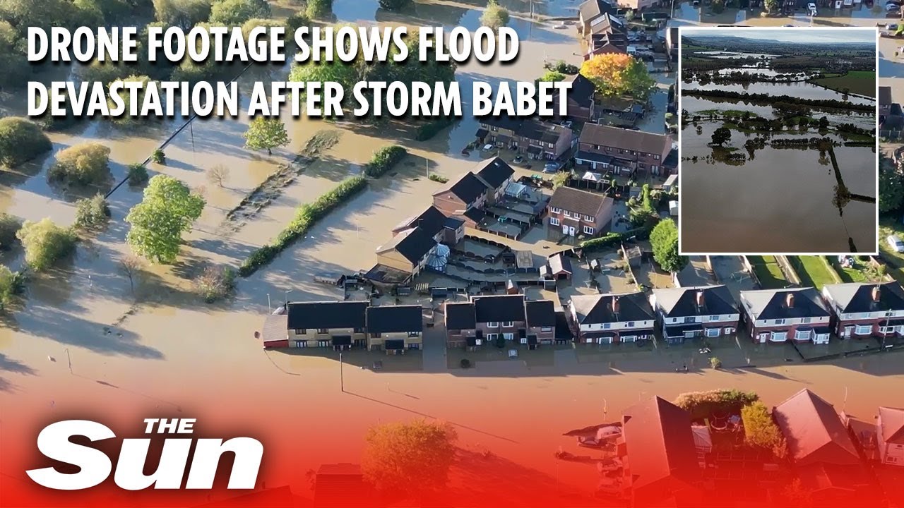 Drone footage shows flooding damage caused by killer Storm Babet - YouTube